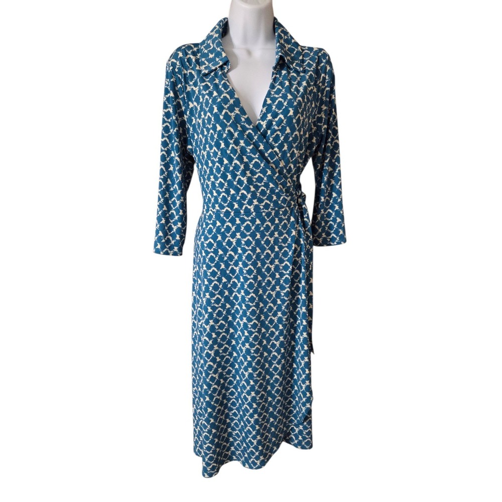 Gilli Teal White Geometric V-Neck Faux Wrap Dress Maxi L Stretch Retro Style